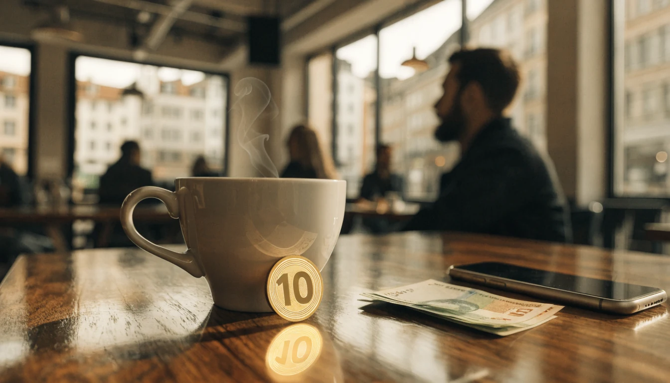 Schweizer Café mit Kaffee, Geld und 10‑Euro‑Token