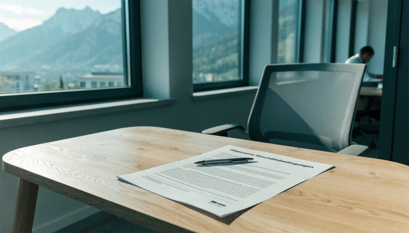 Modernes Schweizer Büro mit Vertrag und Stift