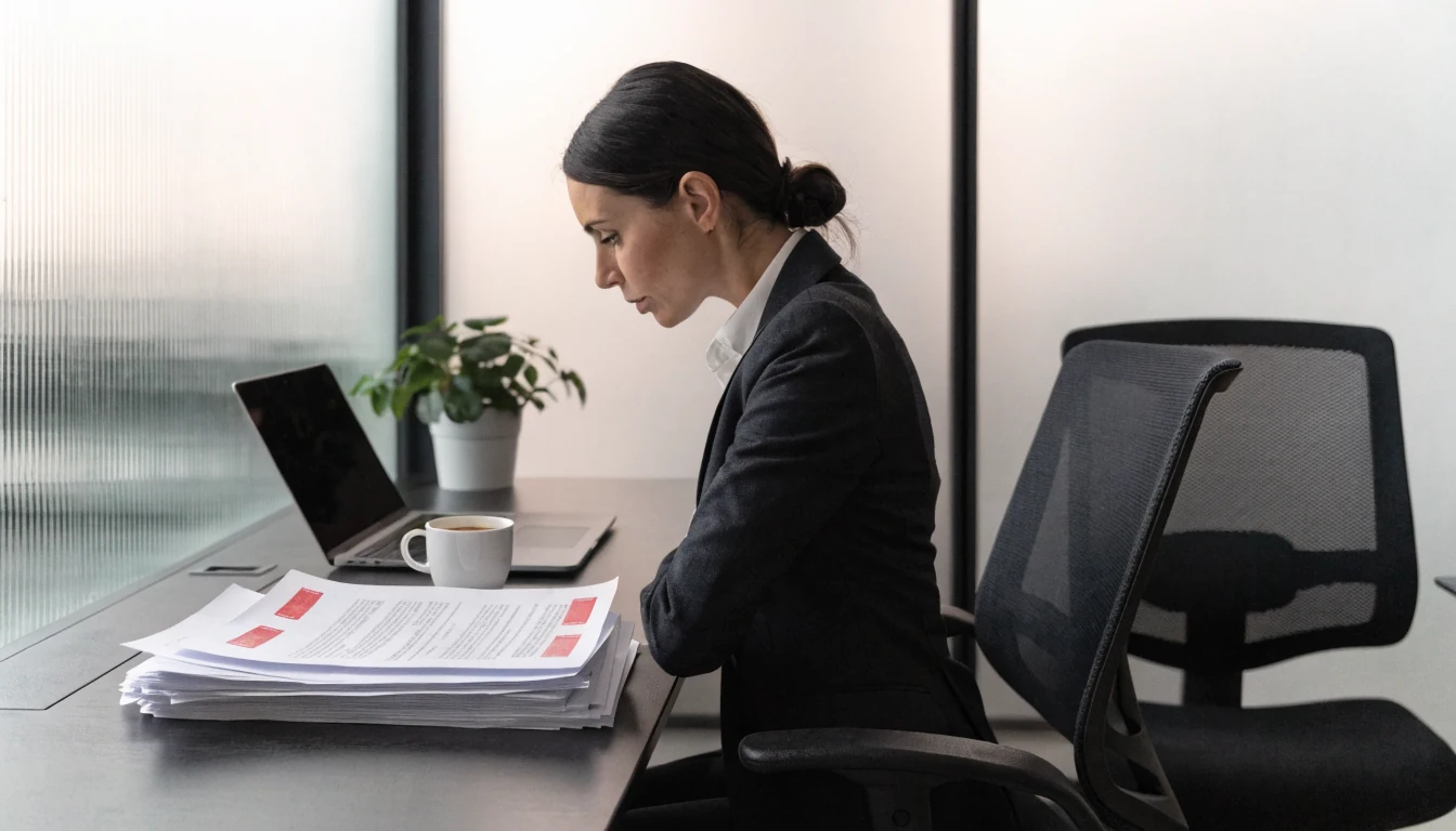 Professionelle Frau in Schweizer Büro prüft Lizenzdokumente für Online‑Casinos.