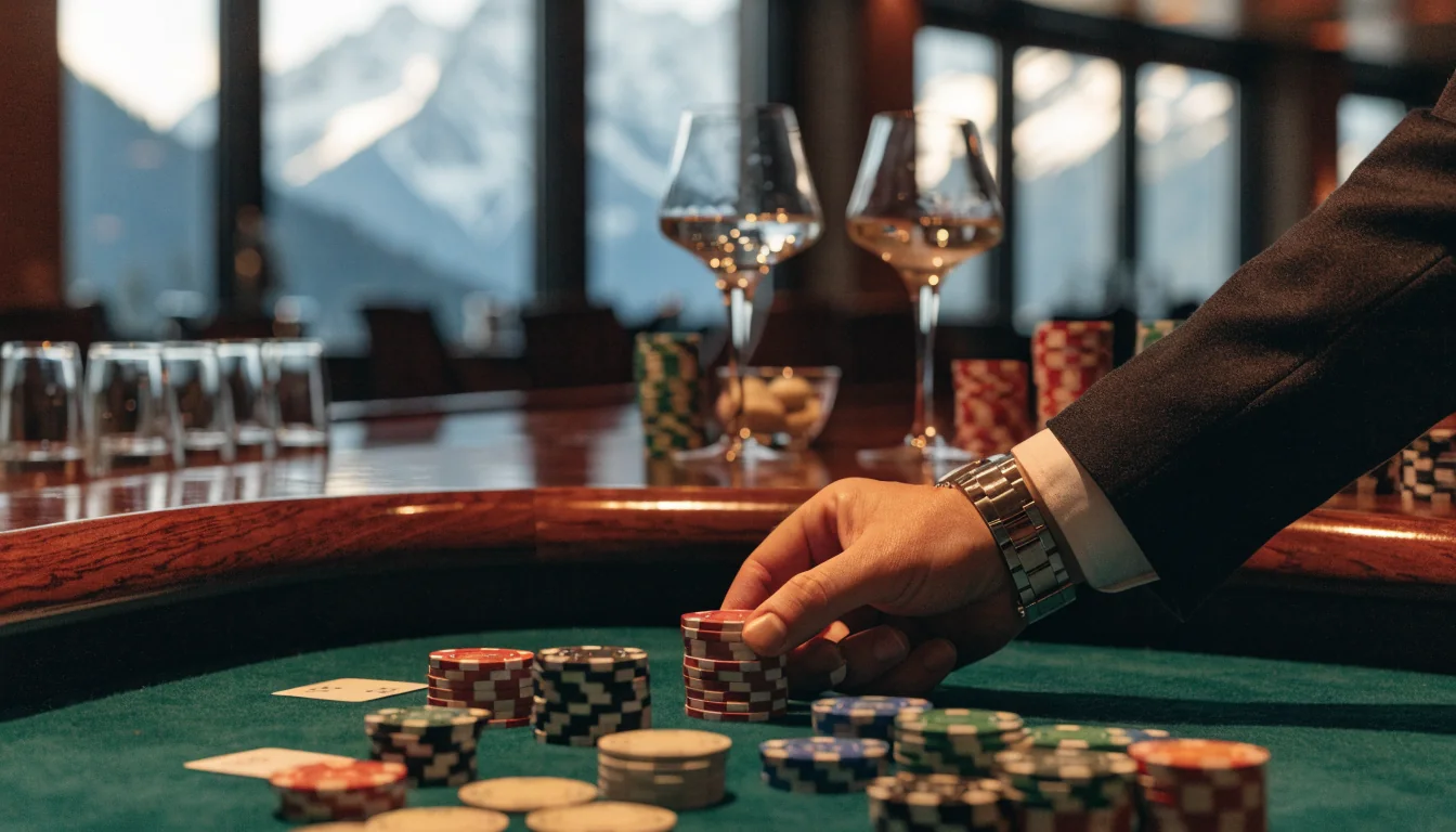 Elegantes Casino-Interieur mit Chips und alpinen Fenstern