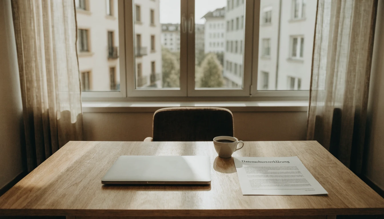Realistisches Foto eines Schweizer Büro mit Datenschutzerklärung-Dokument.
