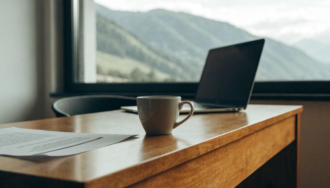 Beruhigendes Büro mit Schreibtisch, Dokument und Bergblick