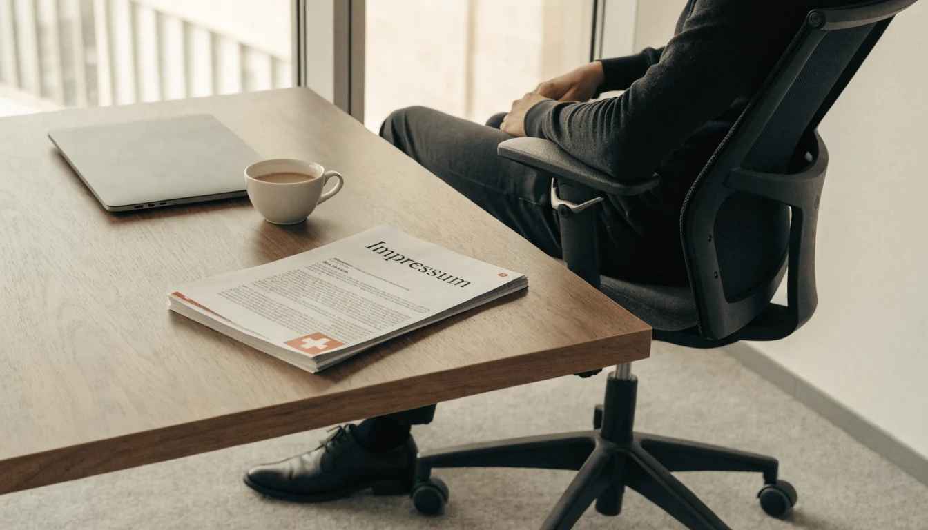 Ein modernes Schweizer Büro mit Laptop und Rechtsdokumenten